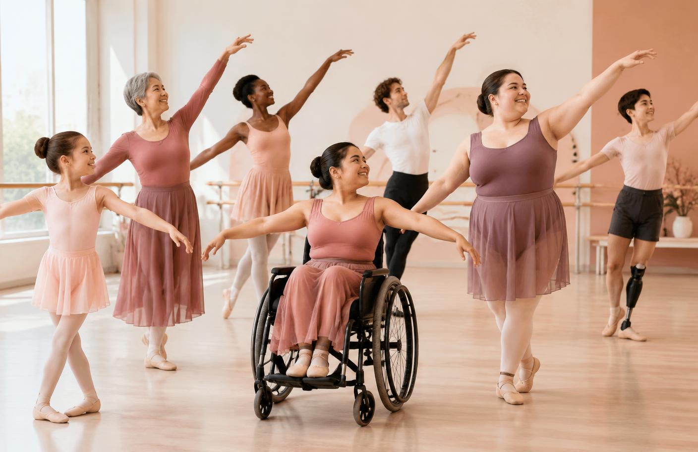 Clase de ballet con participantes de distintas edades, tallas y capacidades, incluida una bailarina en silla de ruedas, con los brazos en segunda posición.
