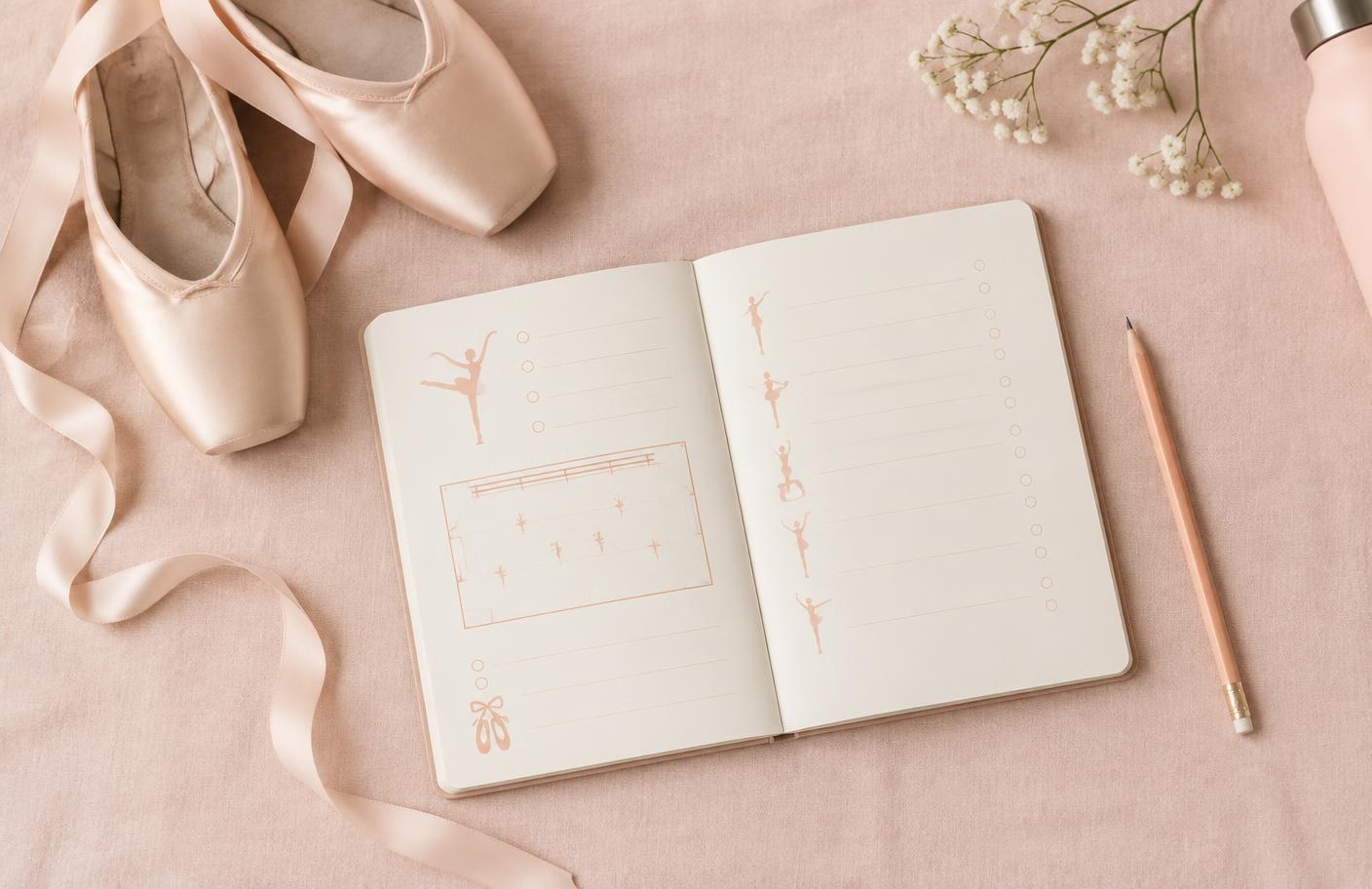 Libreta abierta con un plan de clase junto a zapatillas de punta y un lápiz sobre tela rosada.
