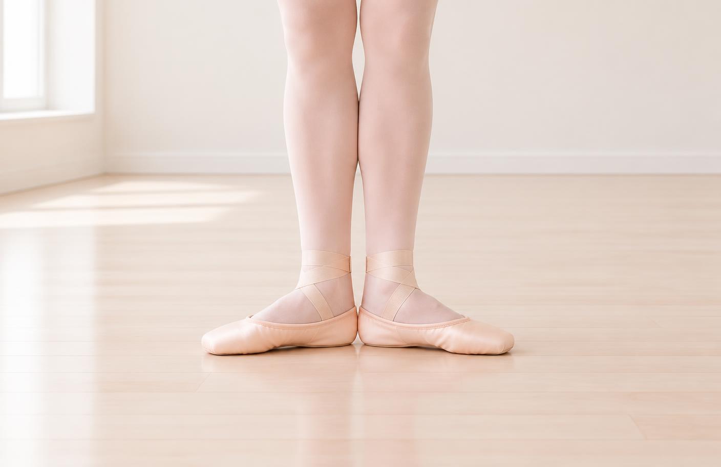 Pies de una persona con zapatillas de ballet color durazno colocados en primera posición sobre un piso de madera clara.