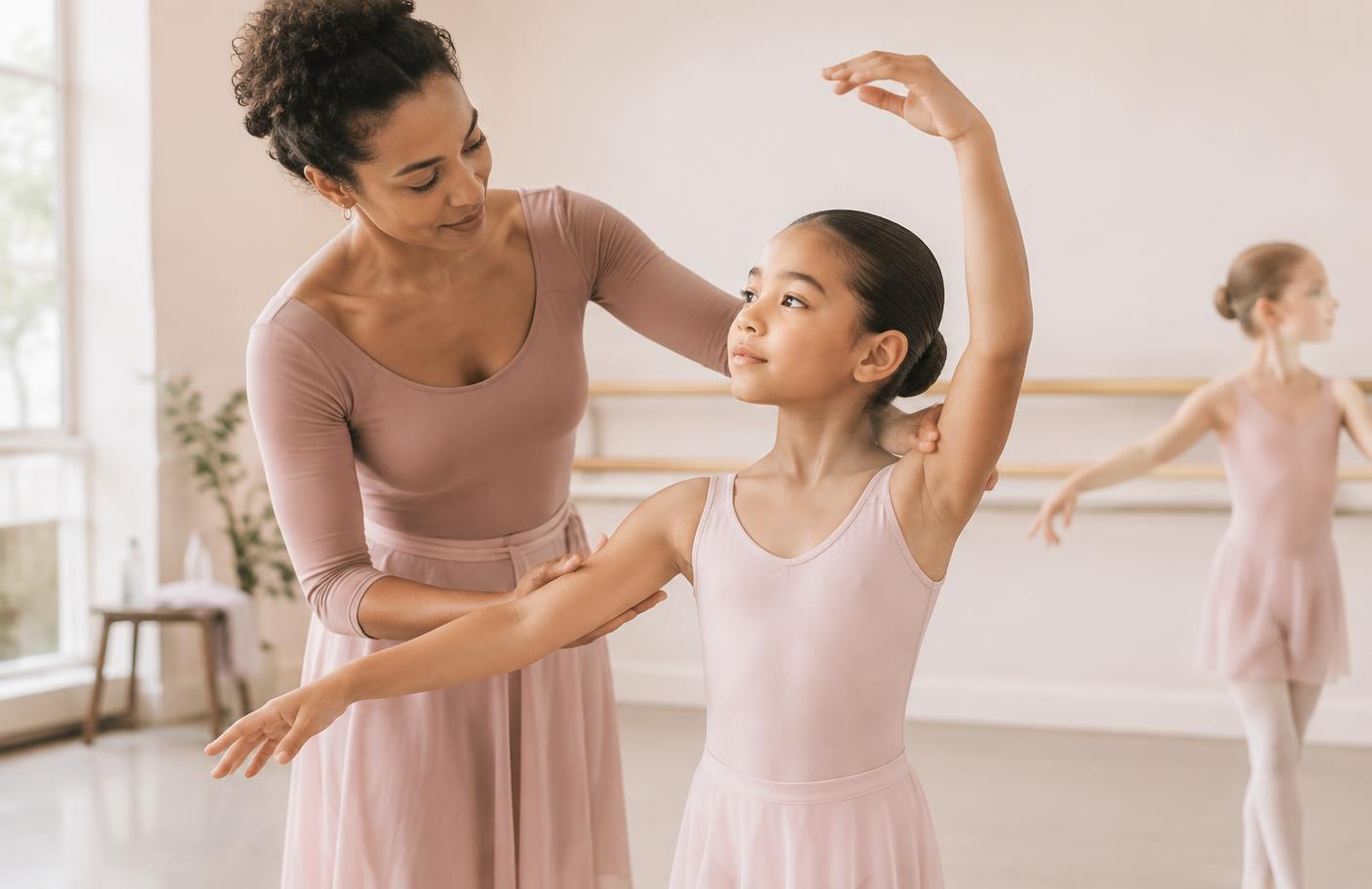 Maestra de ballet guiando la colocación del brazo de una estudiante en un estudio luminoso.